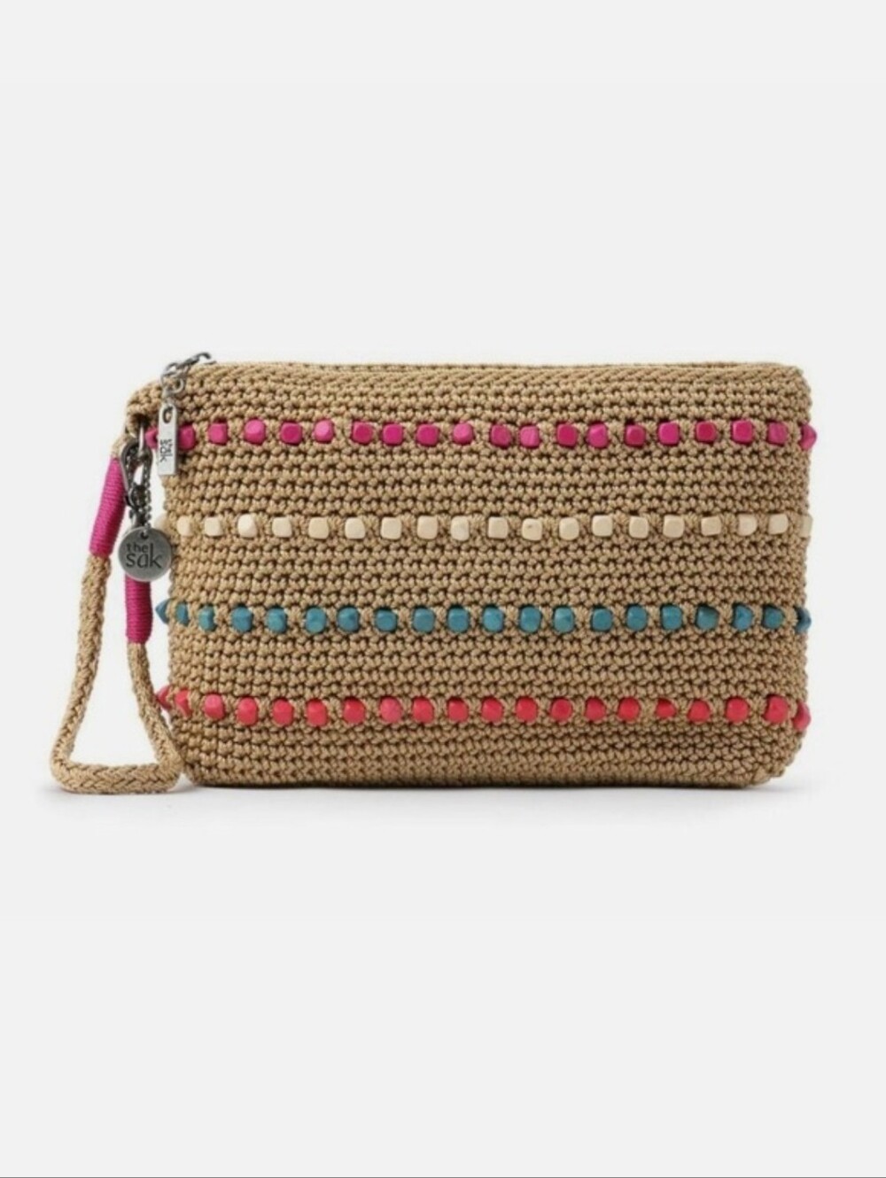 The Sak Sayulita Crochet Wristlet Pouch Purse Boho Wooden‎ Beads Pink Blue